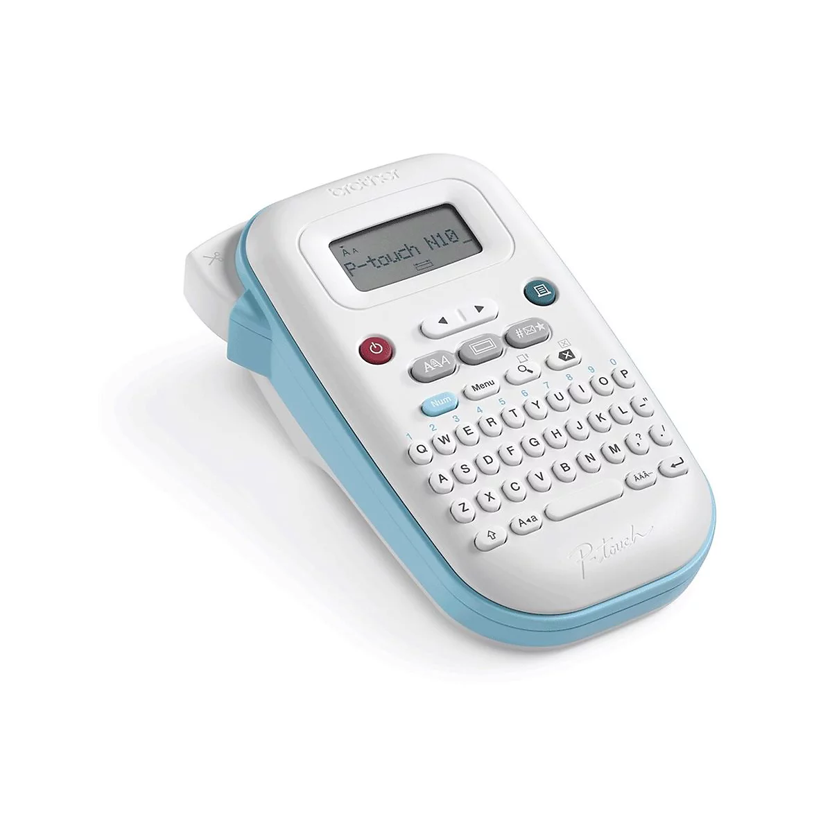 Ein weiß-blaues Brother P-touch N10 Etikettiergerät. Es hat eine Tastatur, ein Display und Tasten zum Bedienen.