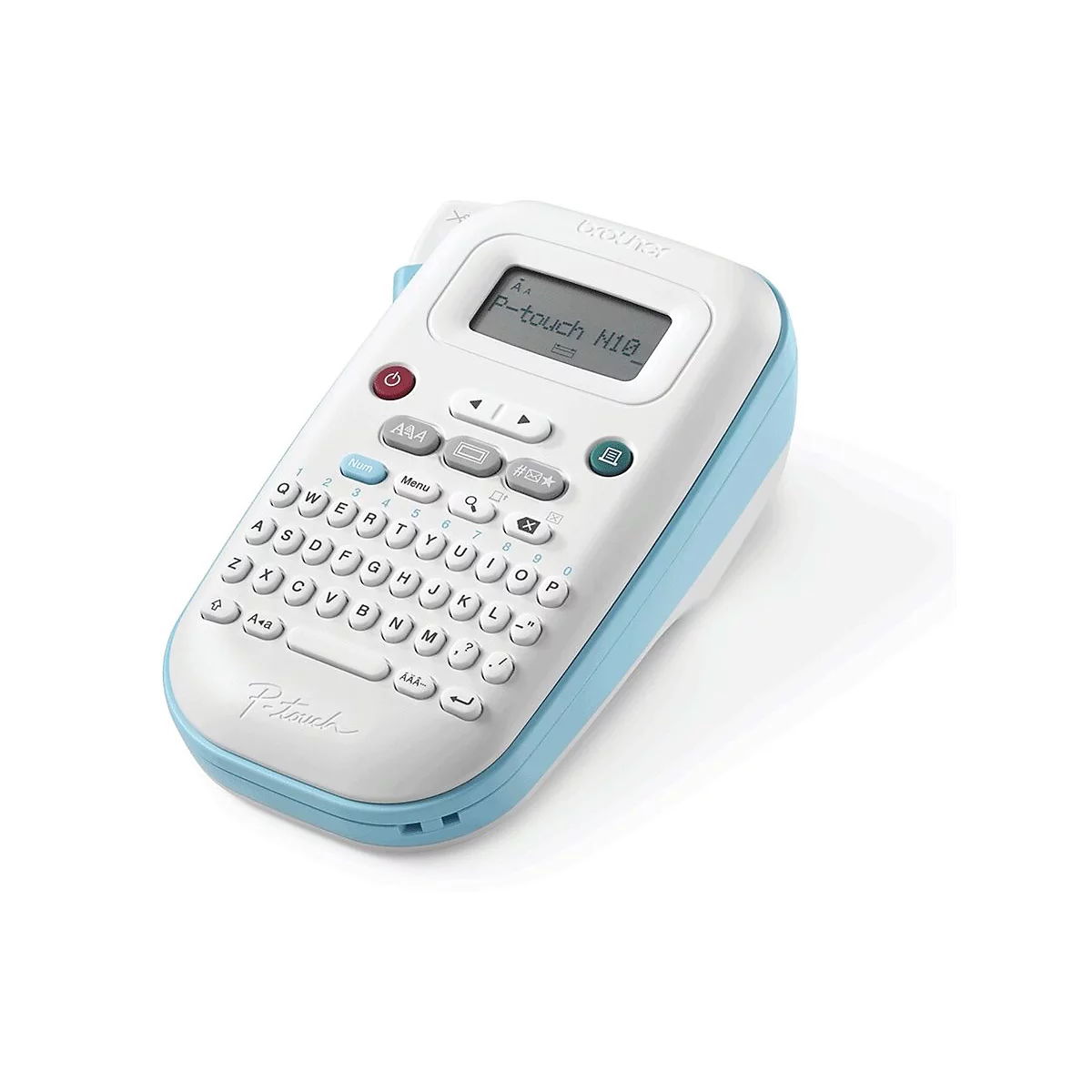 Ein weiß-blaues P-Touch-Beschriftungsgerät, Display mit Text. Tasten, Ziffern und Buchstaben.