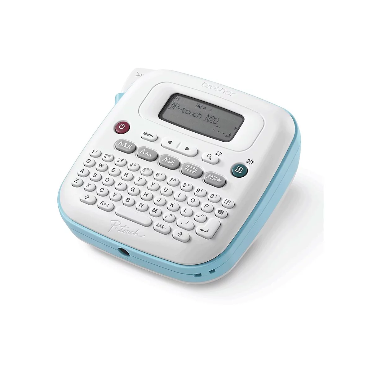 Weiß-blaues Brother P-Touch Beschriftungsgerät mit Tastatur und Display.