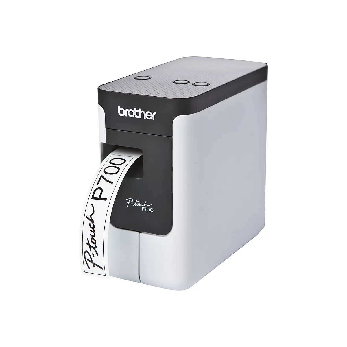 Ein weiÃŸ-schwarzer Etikettendrucker, der ein Etikett mit der Aufschrift P-touch P700 druckt.