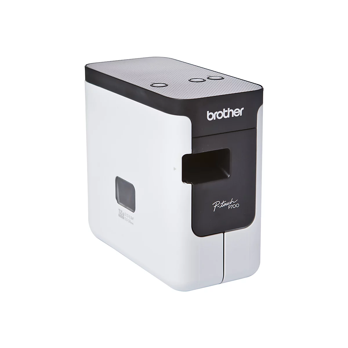 WeiÃŸer Brother P-touch P700 Etikettendrucker mit schwarzem Akzent. Aufdruck mit Brother-Logo und P-touch.