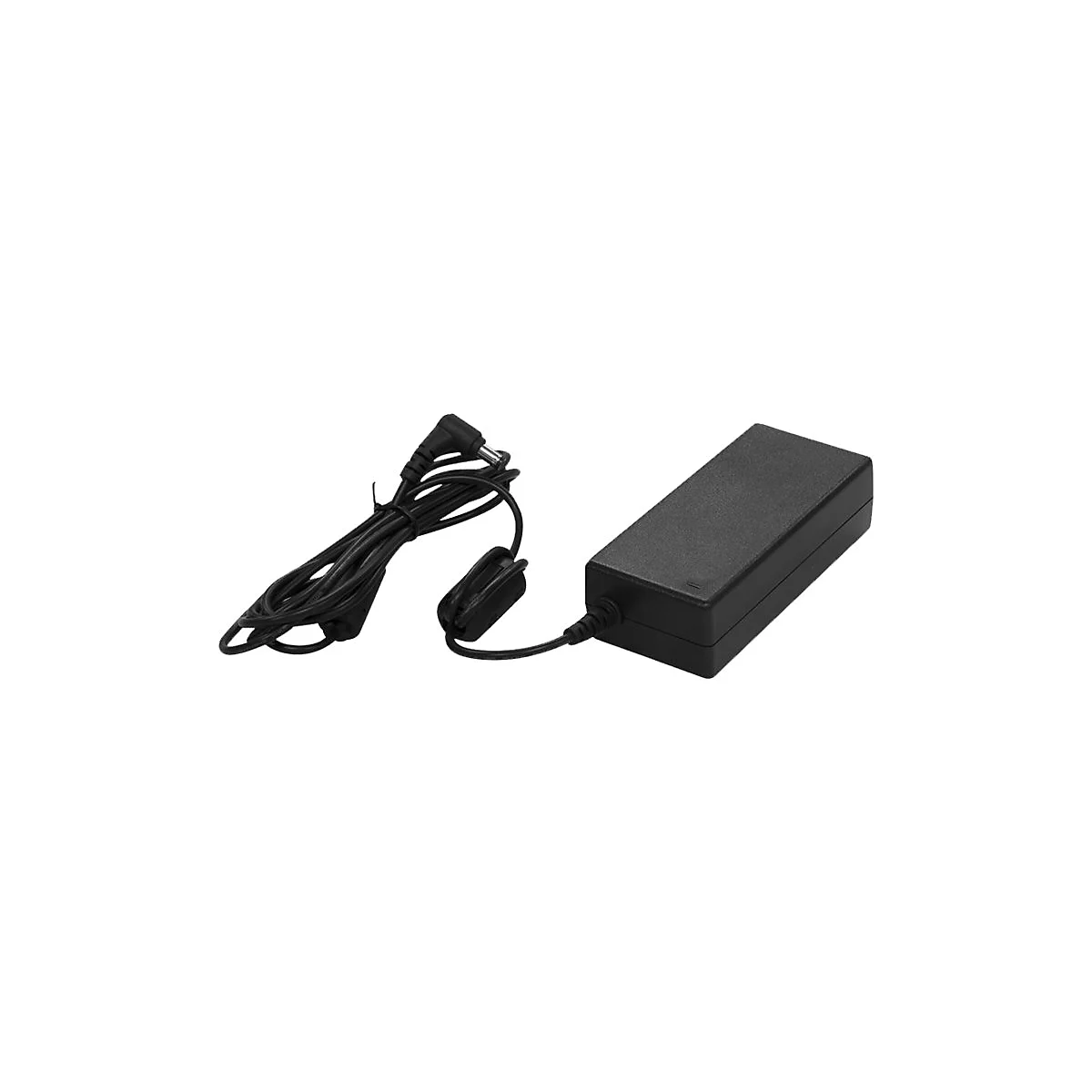Schwarzes Netzteil mit Kabel und Stecker.