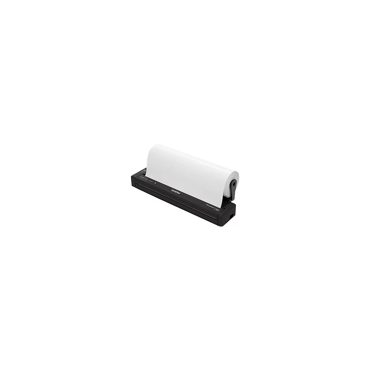 Mobiler Thermodrucker, schwarz, mit Papierrolle. Logo 'Brother'.