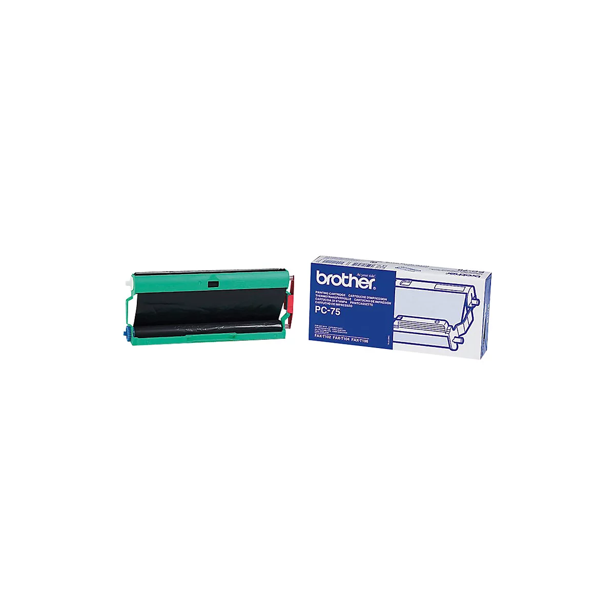 GrÃ¼ne Brother PC-75 Farbbandkassette, daneben eine Verpackung mit Brother Logo und Produktbezeichnung.