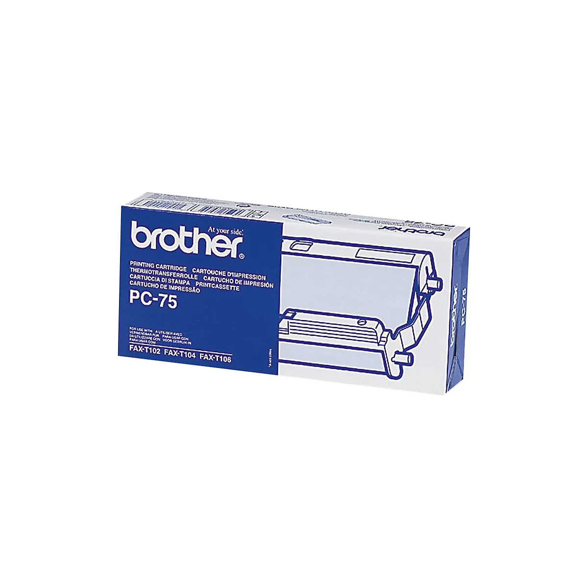 Verpackung einer Brother PC-75 Druckkassette. Blaue und weiÃŸe Farben dominieren das Bild, das Produkt ist im Detail abgebildet.