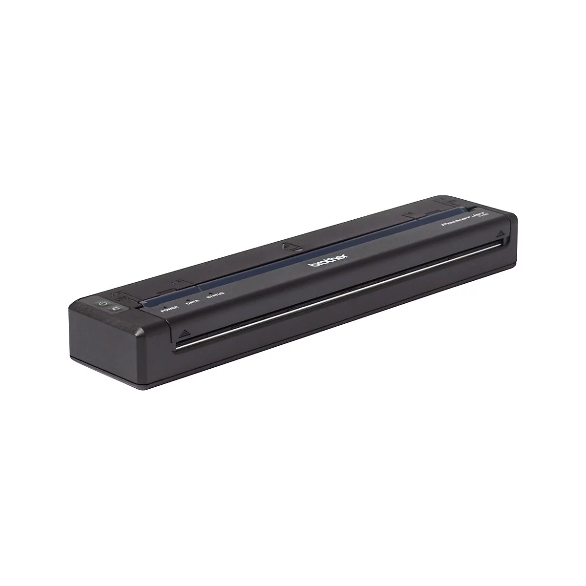 Schwarzer Brother Pocket Jet Drucker. Auf der Oberseite befinden sich Tasten und Anzeigen. Das Brother-Logo ist sichtbar.