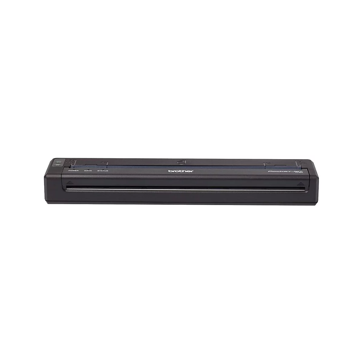 Schwarzer Brother PocketJet-Drucker; blaue Akzente; Knöpfe mit Schriftzügen; weißer Hintergrund.