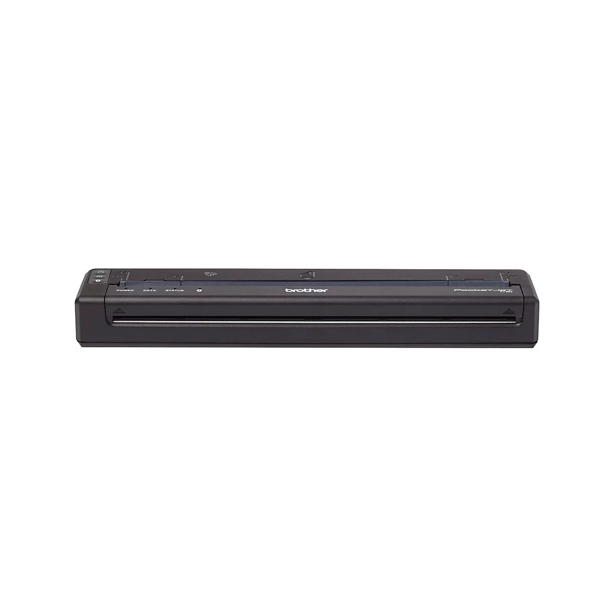 Schwarzer Brother PocketJet-Drucker auf weißem Hintergrund. Oben sind Power-, Daten- und Status-LEDs.