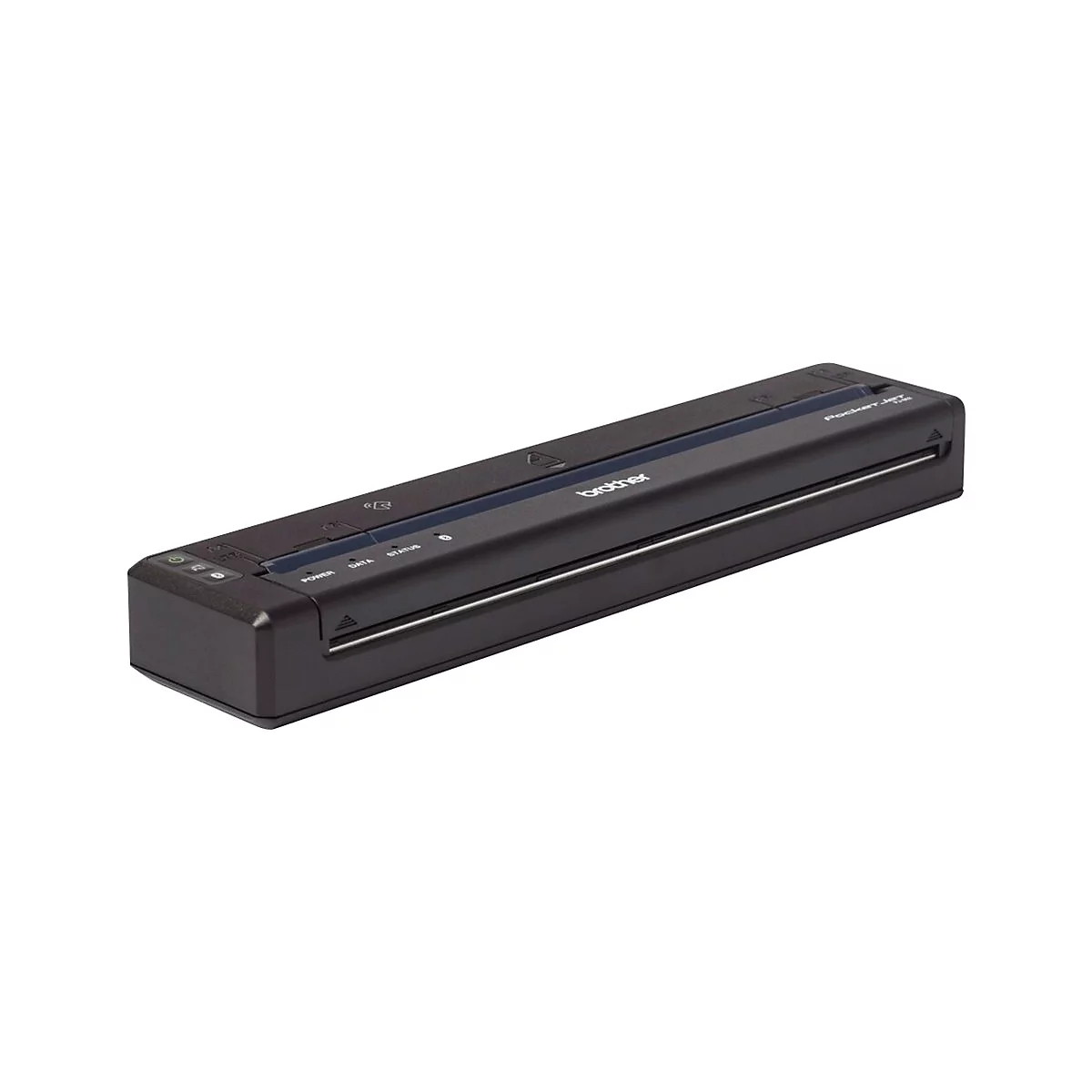 Schwarzer Brother PocketJet Drucker. Oben: 'Brother', 'PocketJet'. Unten: 'Power', 'Data', 'Status'.