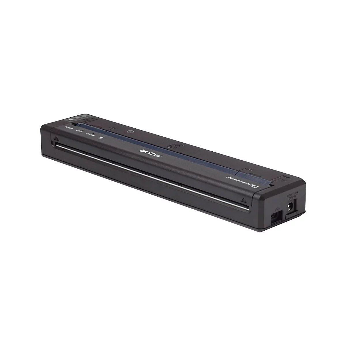 Schwarzer Brother PocketJet Drucker, blau akzentuiert. Aufschrift "brother".