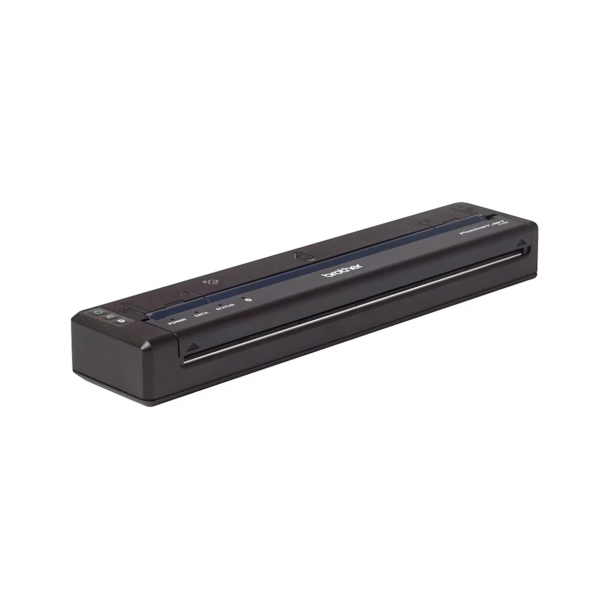 Schwarzer Brother PocketJet Drucker. Auf der Oberseite befinden sich die Tasten Power, Data und Status. Der Schriftzug Brother ist sichtbar.