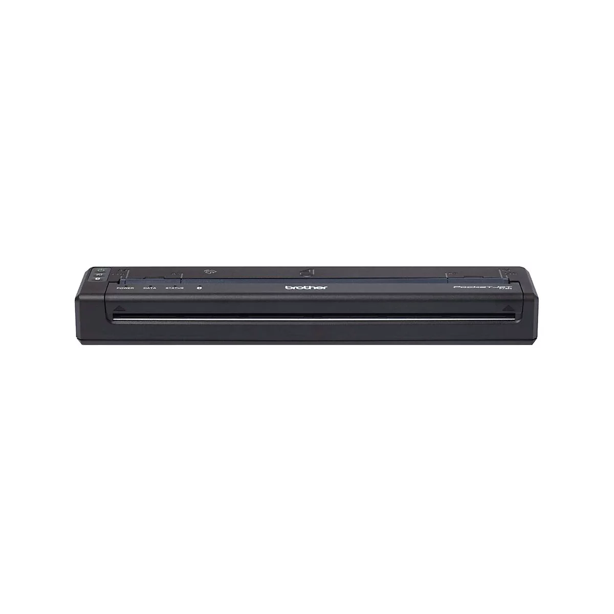 Schwarzer Brother PocketJet-Drucker mit Beschriftungen wie "Power", "Data" und "Status".