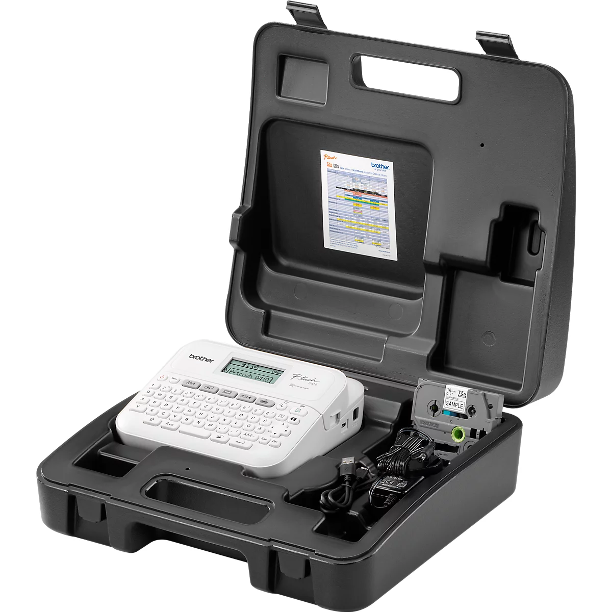 Brother PT-D410VP etiketteerder, thermische overdracht, voor 3,5-18 mm brede TZe-tapes, 20 mm/sec, USB, toetsenbord, accessoires