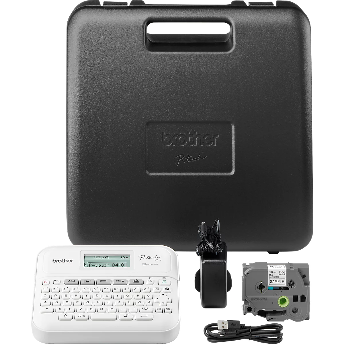Brother PT-D410VP etiketteerder, thermische overdracht, voor 3,5-18 mm brede TZe-tapes, 20 mm/sec, USB, toetsenbord, accessoires