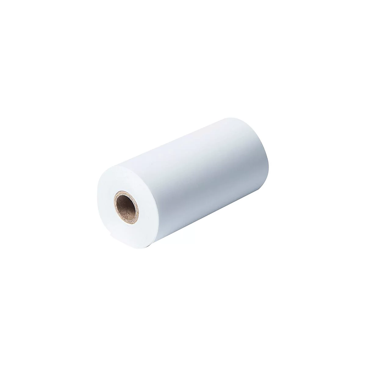 Eine einzelne, weiße Thermopapierrolle auf weißem Hintergrund.