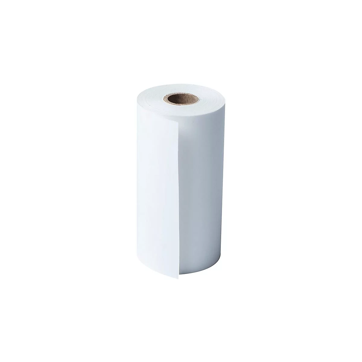 Eine aufrecht stehende, weiße Papierrolle auf einem neutralen, weißen Hintergrund.