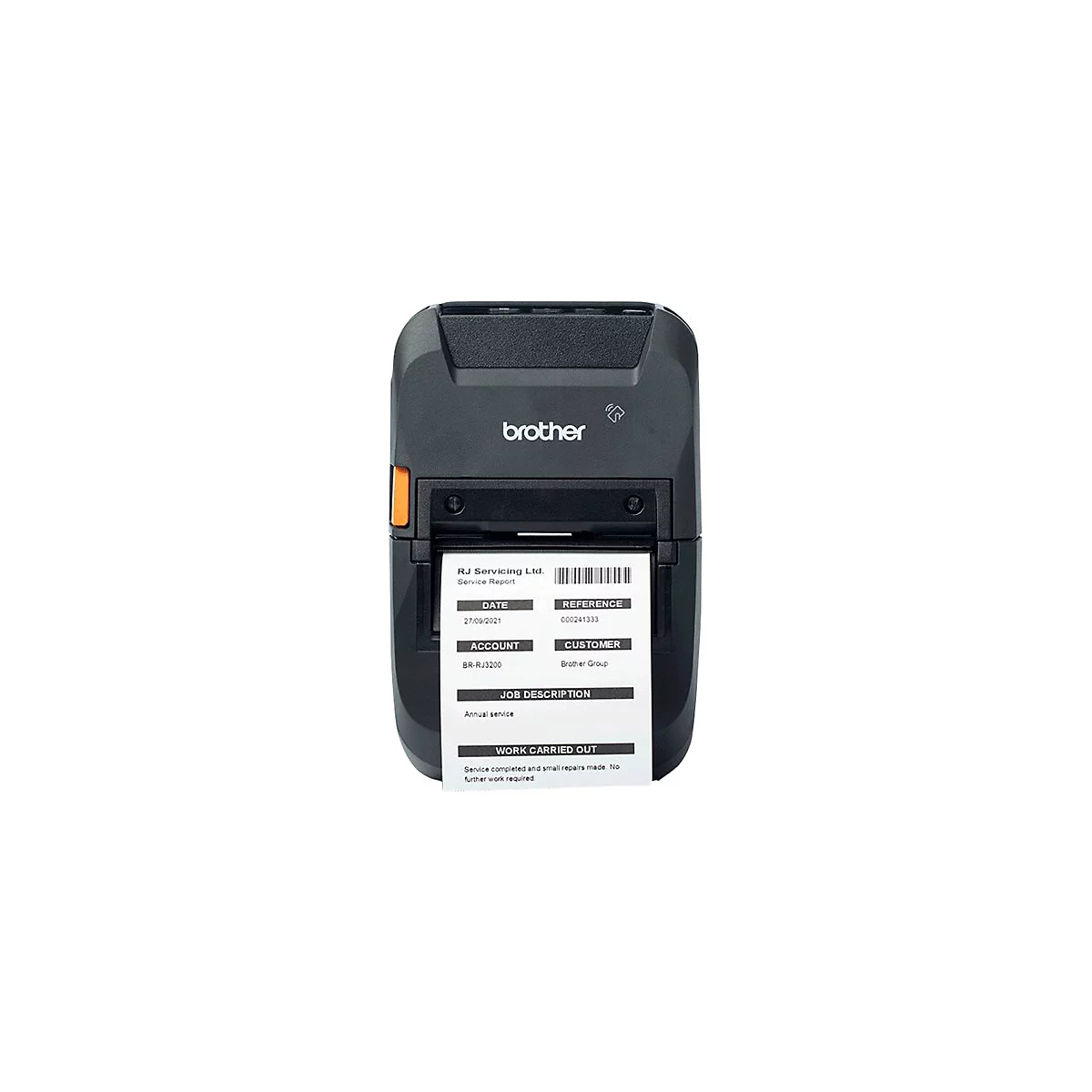 Schwarzer Brother Thermodrucker mit orangefarbenem Akzent. Ein Beleg wird gedruckt. Auf dem Papier stehen Daten zu einem Service.