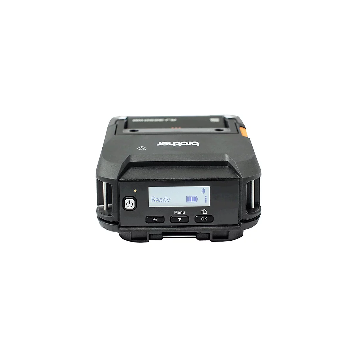 Schwarzer mobiler Brother-Drucker. Display zeigt "Ready" und Batteriesymbol. Power-Button und Bluetooth-Symbol.