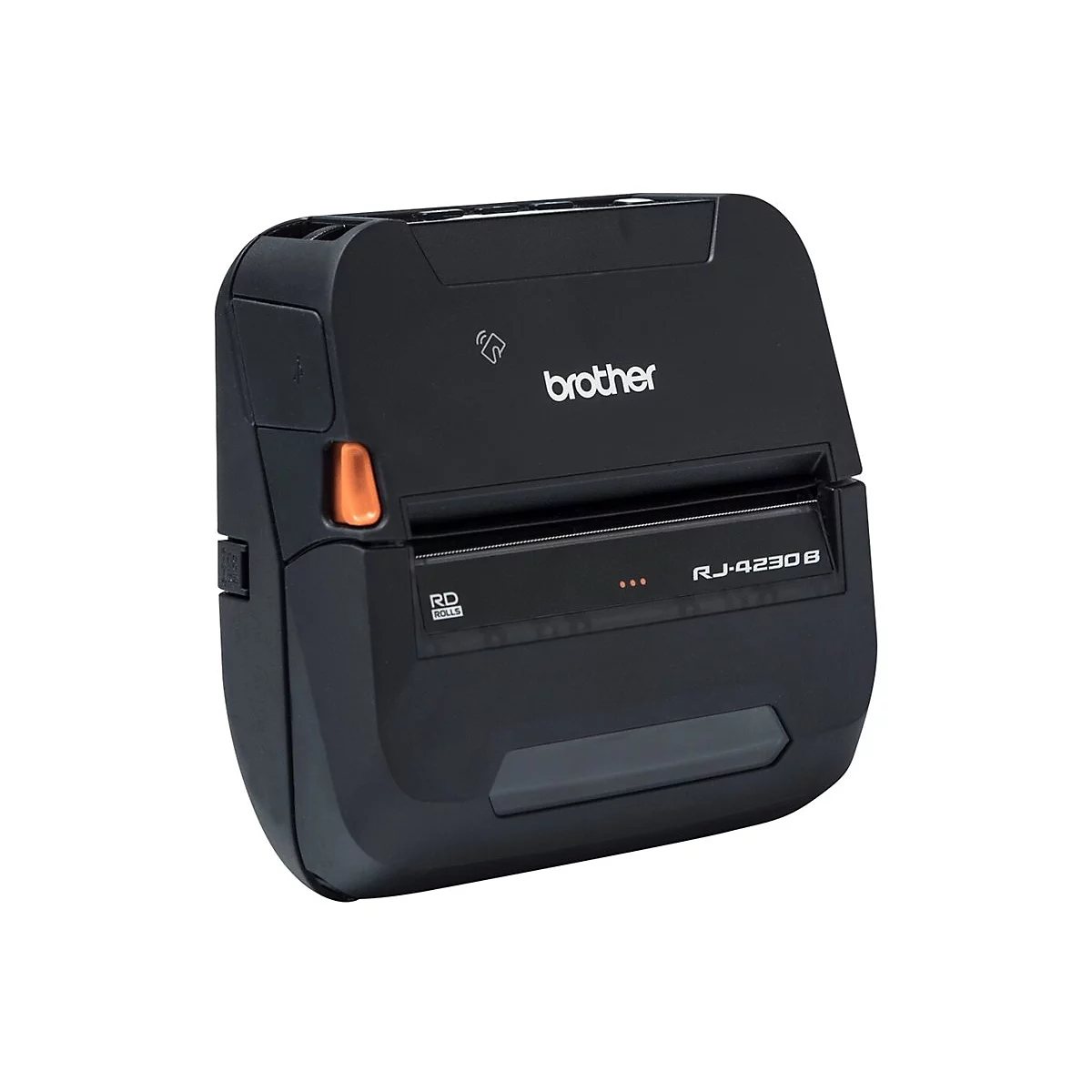 Schwarzer Brother RJ-4230B Etikettendrucker auf weißem Hintergrund. Orangefarbener Knopf an der Seite.
