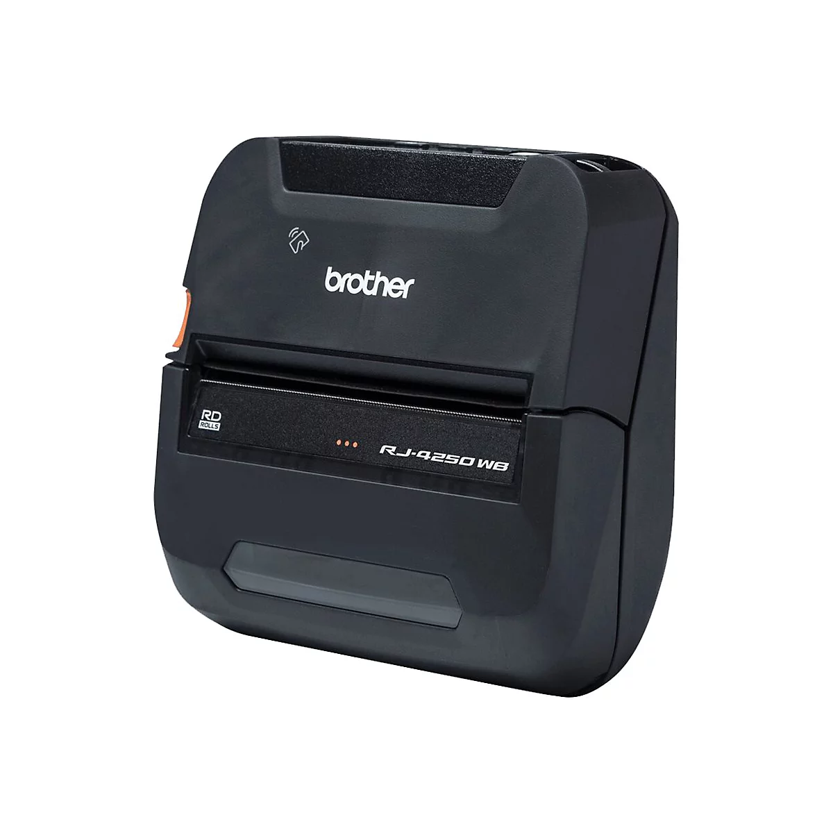 Schwarzer Brother RJ-4250WB Etikettendrucker. Auf der Vorderseite Schriftzug und Funktionsanzeigen, orangefarbener Knopf.