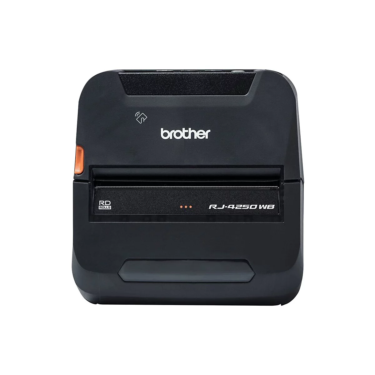 Schwarzer Brother-Etikettendrucker, Modell RJ-4250 WB, vor weißem Hintergrund.