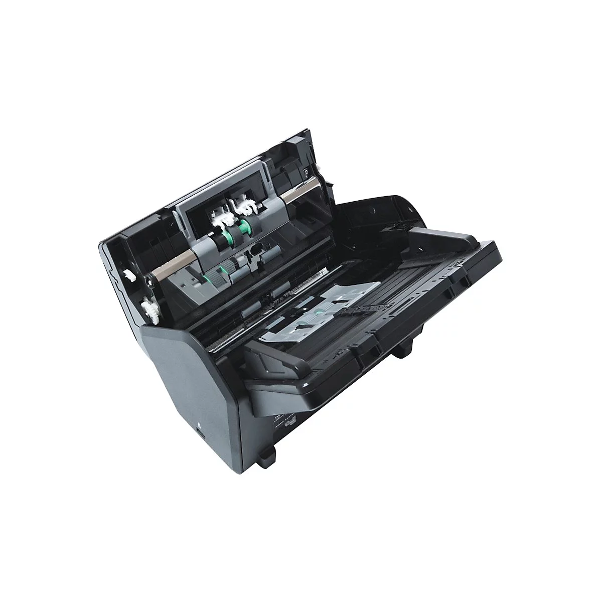 Ein offener, schwarzer Scanner mit grauen und grünen Elementen, die Innereien sind sichtbar.