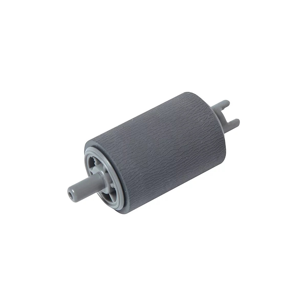 Grauer, geriffelter Drucker-Einzugsrolle vor weißem Hintergrund. An den Seiten graue Kunststoffelemente.