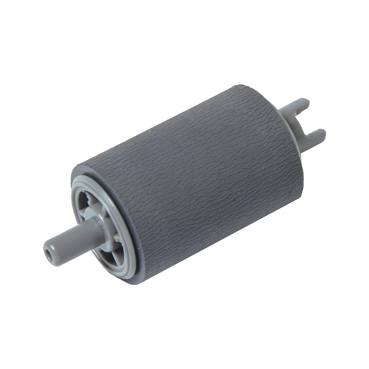 Grauer Drucker-Rollen-Ersatzteil. Zylindrische Form mit geriffelter Oberfläche und Halterungen.