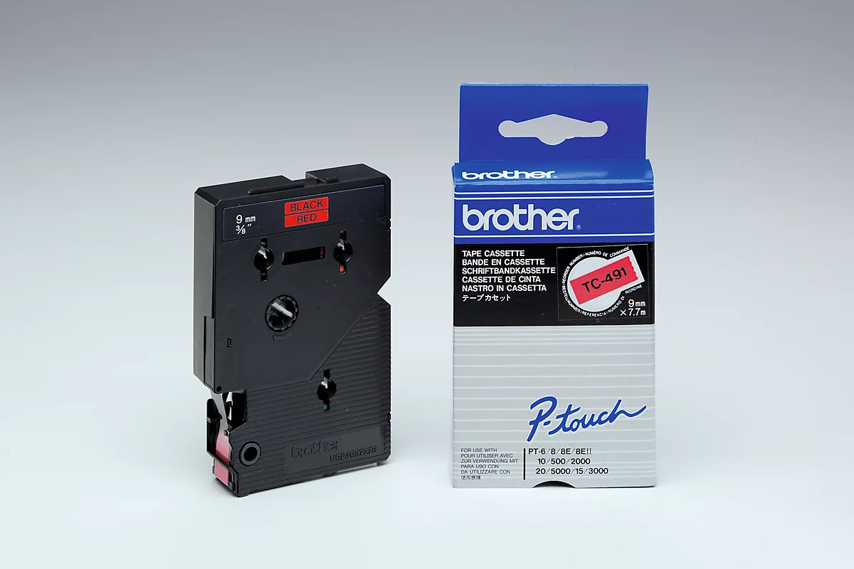 Brother Schriftbandkassette TC-491, 9 mm breit, rot/schwarz
