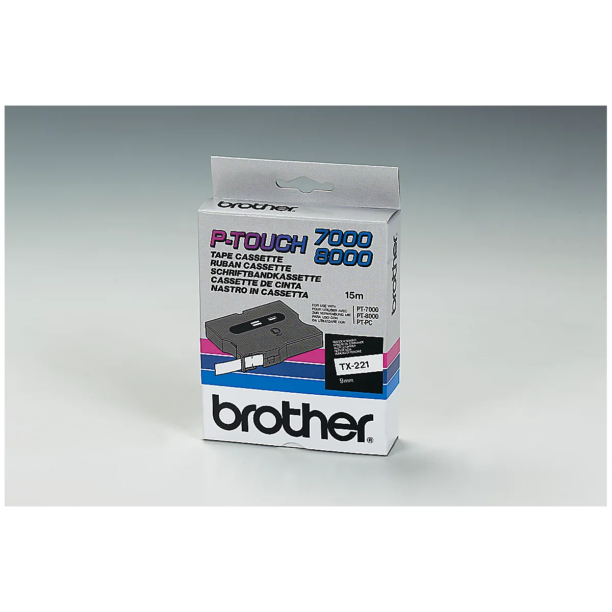 Brother Schriftbandkassette TX-221, 9 mm breit, weiss/schwarz
