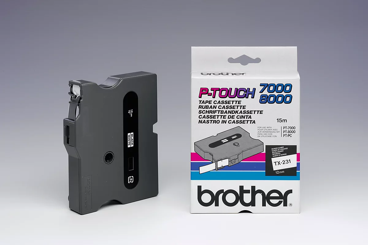 Brother Schriftbandkassette TX-231, 12 mm breit, weiss/schwarz
