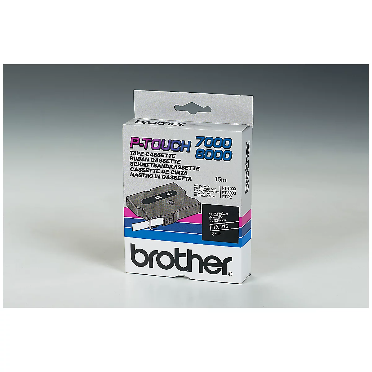 Eine weiße Schachtel mit grauem und pinkfarbenem Design und Text, darunter 'P-Touch 7000 8000' und 'brother'.
