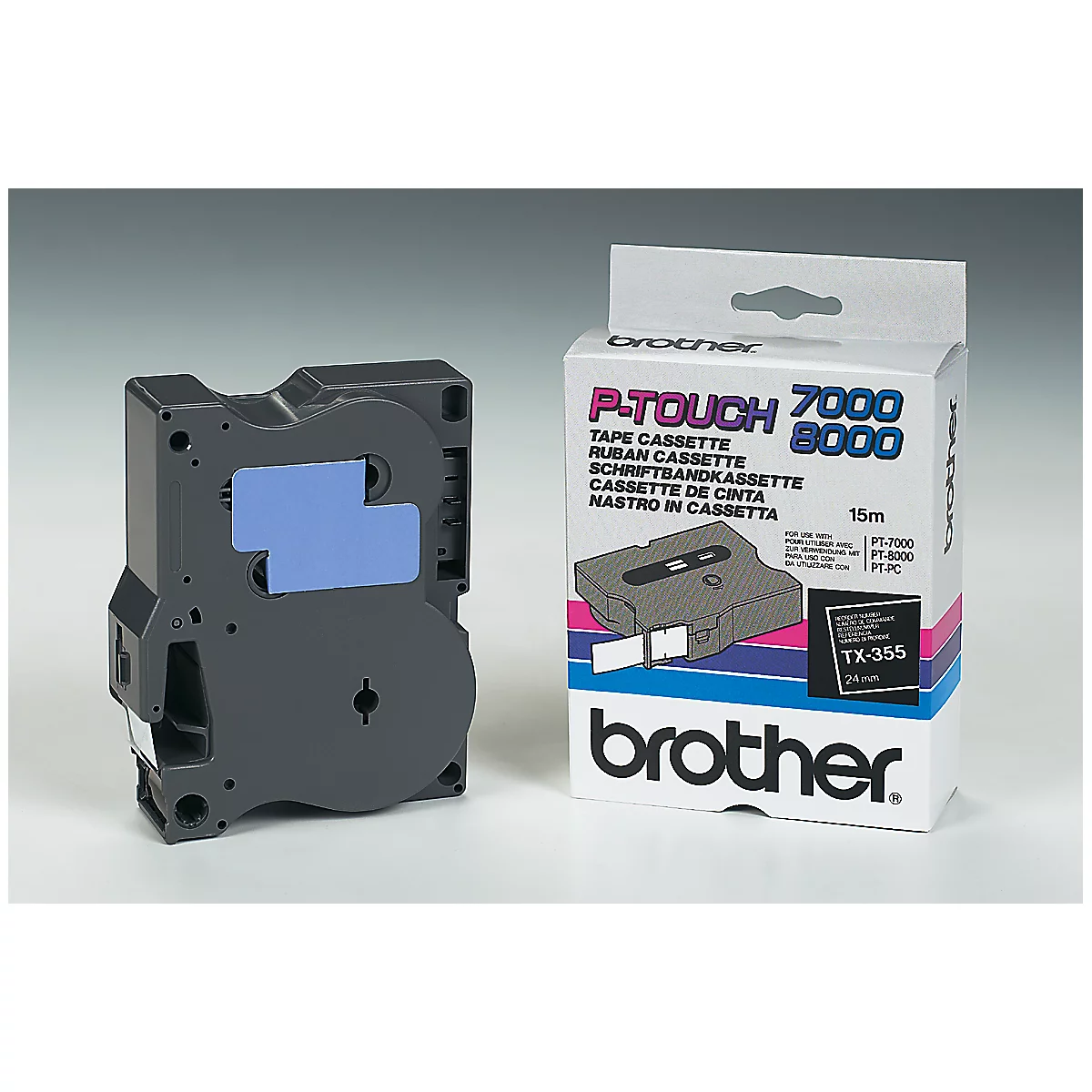 Graue Brother P-Touch-Kassette und Box, Text "P-Touch 7000/8000", "TX-355".