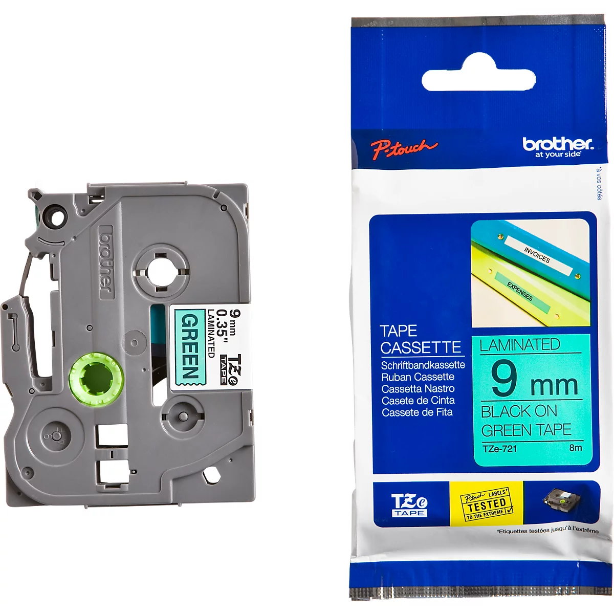 Brother Schriftbandkassette TZe-721, 9 mm breit, grün/schwarz