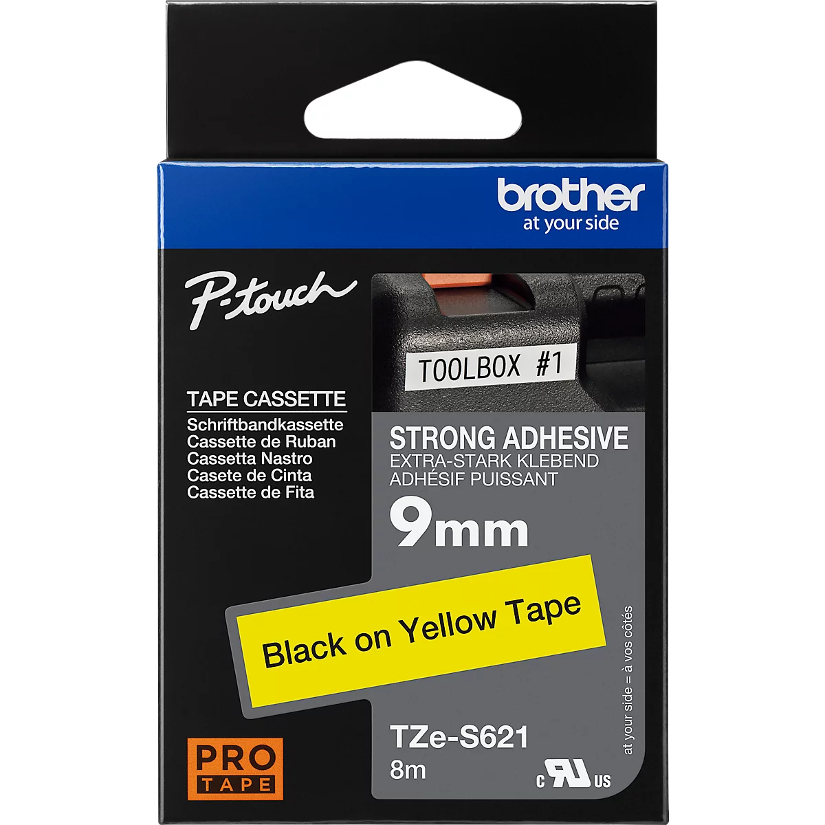 Brother Schriftbandkassette TZe-S621, 9 mm breit, gelb/schwarz