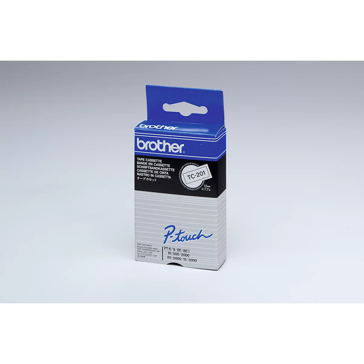 A Brother P-touch label cassette box. The box is blue, black and white. The box says 'Brother' and 'P-touch'.