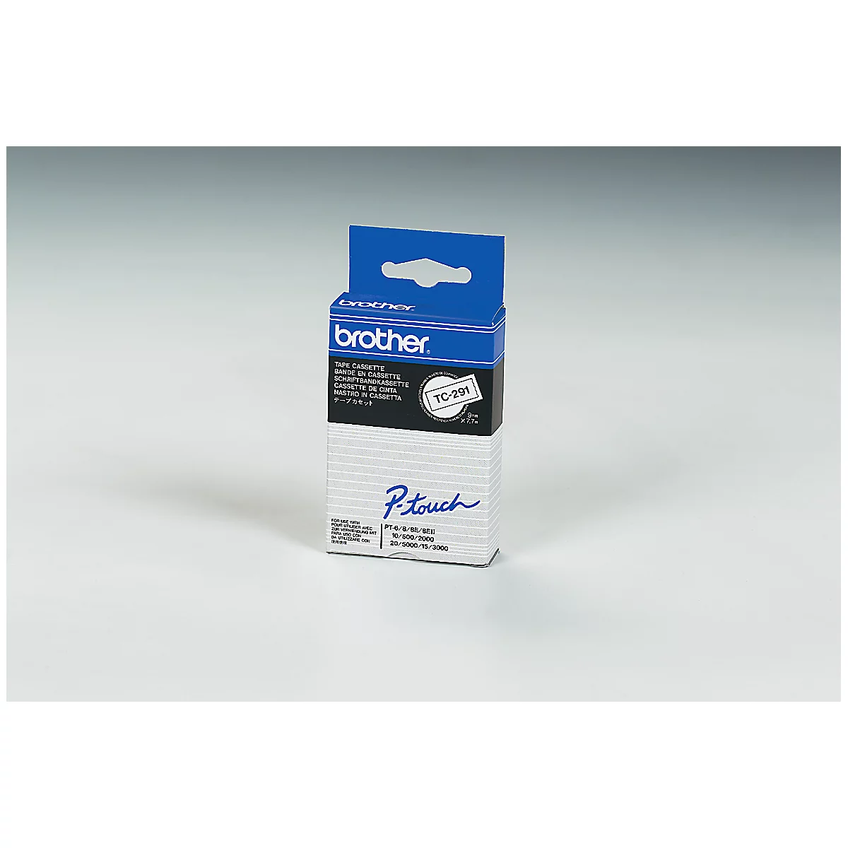Brother label cassette in white packaging with blue hanger. Label: P-Touch.