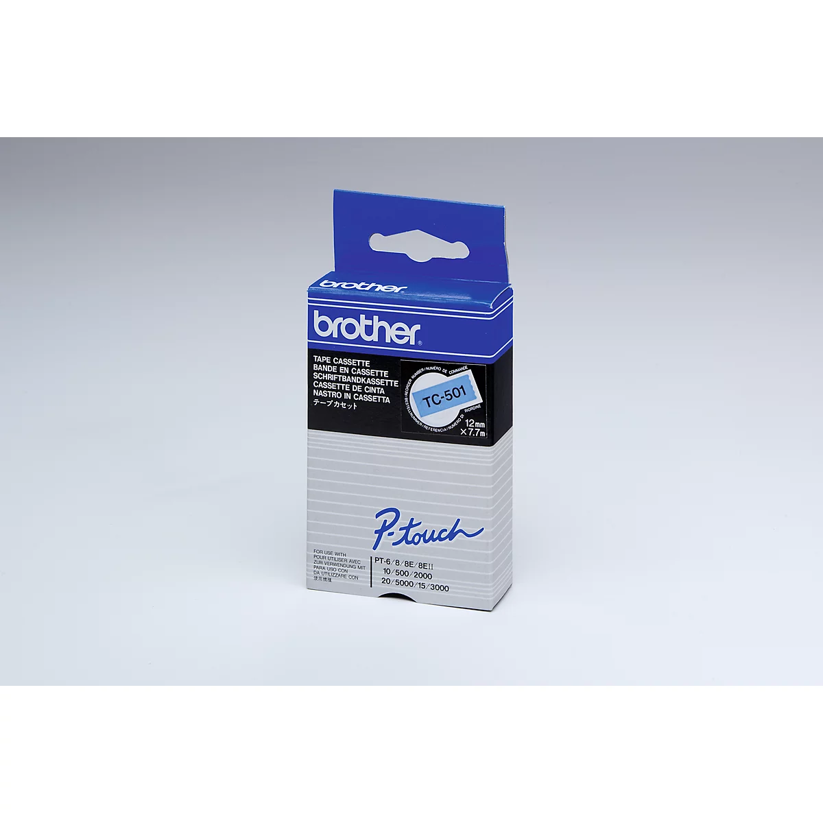 A Brother P-Touch TC-501 label cassette box. The box is blue and white and displays the brand name and product information.