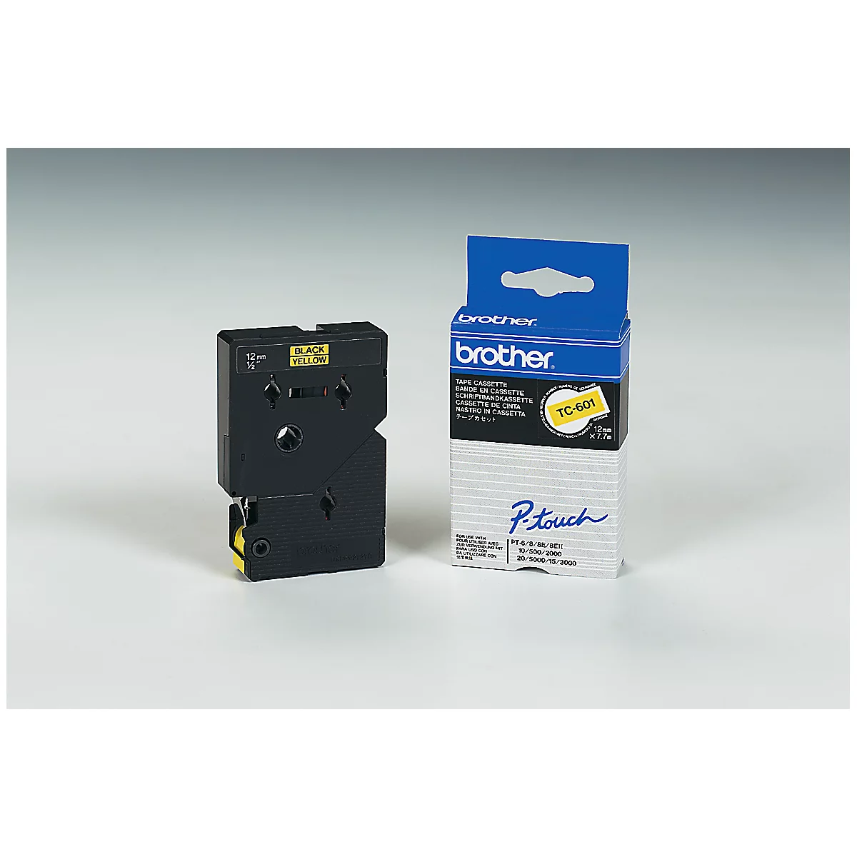 Black Brother P-Touch label tape cassette with yellow writing and packaging, standing on a light surface.