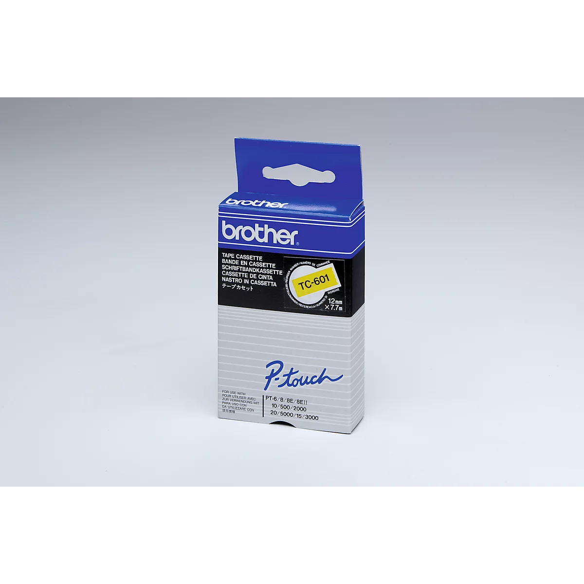 A Brother P-Touch label cassette box, white and blue, against a white background.