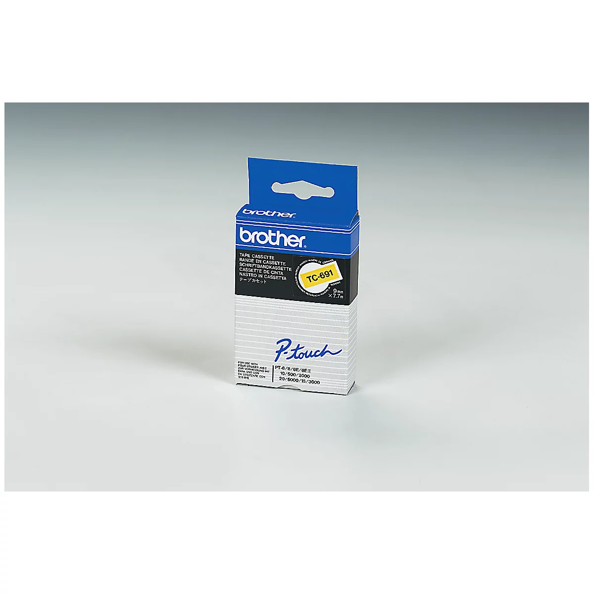 Brother label cassette, white, with blue logo and yellow details.