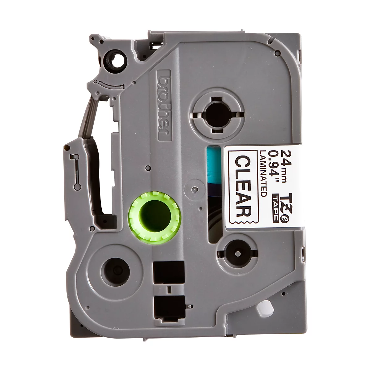 Gray Brother label maker with green and transparent elements. Inscription: CLEAR, 24mm, TZ TAPE.