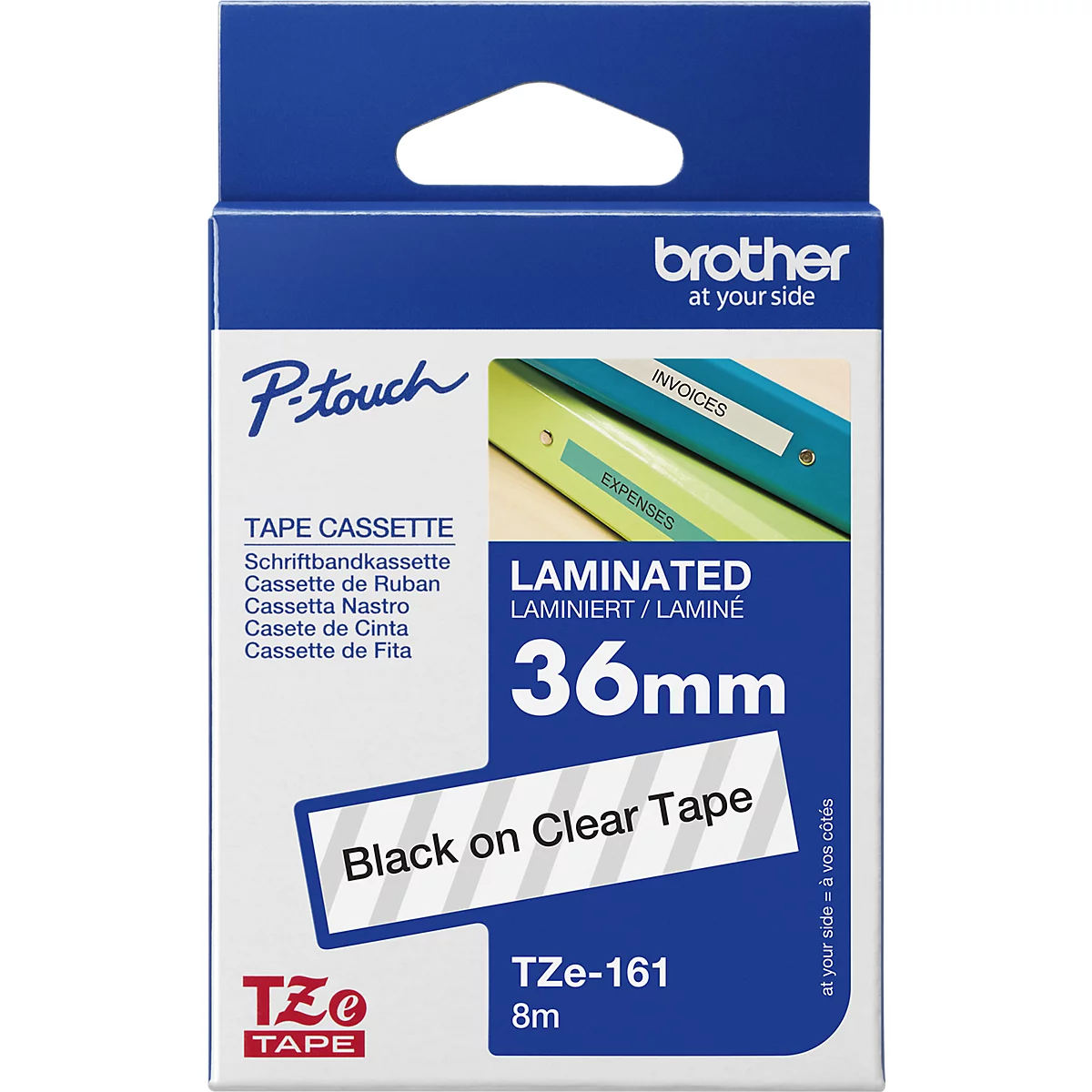 A blue Brother P-touch label tape cassette with text like: Black on Clear Tape, 36mm, TZe-161.