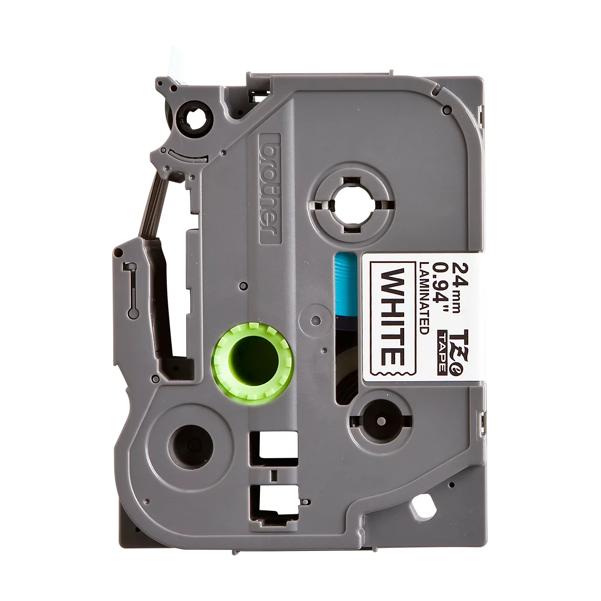 A grey label tape cartridge with green and blue accents. The white label says: 24mm 0.94", white, laminated. The brand name is Brother.