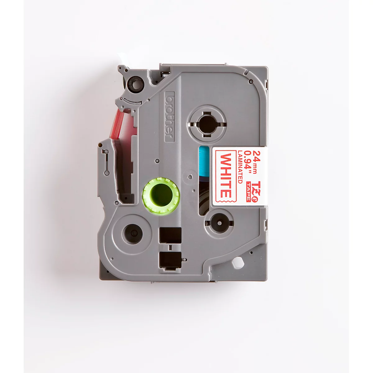 Gray label tape holder with white label field and green and red accents. Label: WHITE, 24 mm, 0.94".