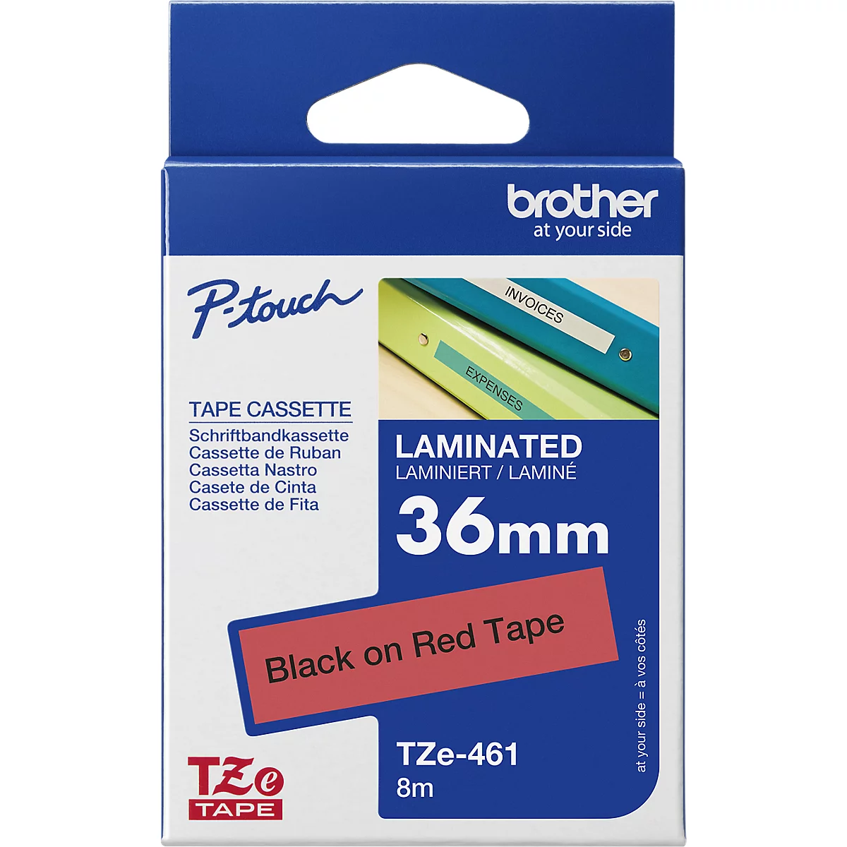 Tape cassette, 36mm, black on red. Packaging with blue and white color tones.