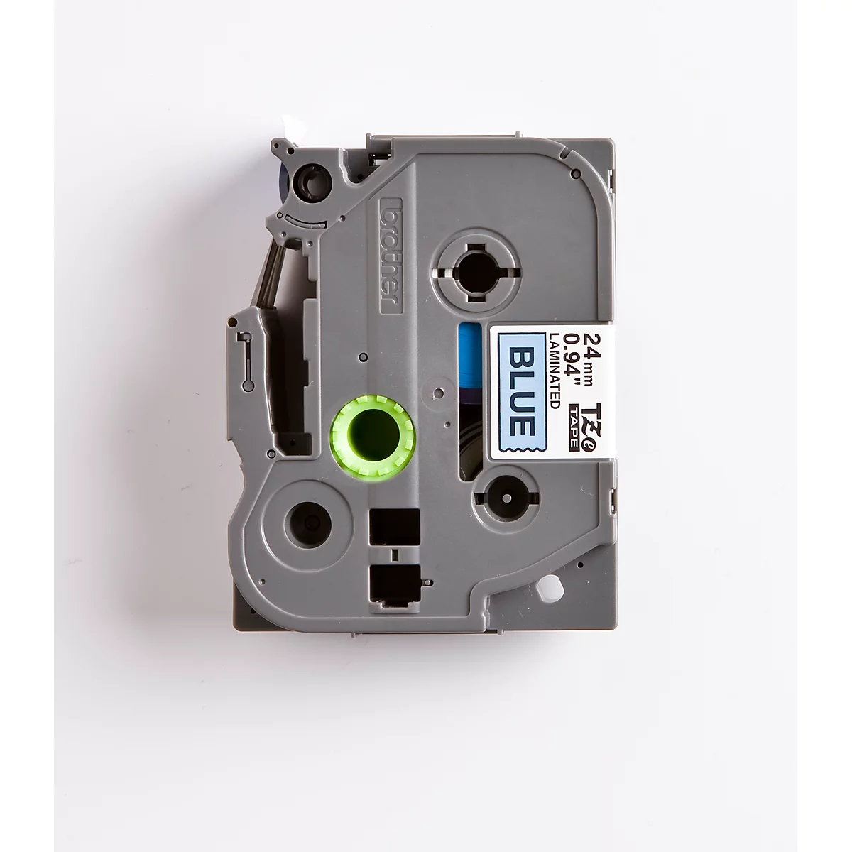 Gray label maker with green wheel, blue label that says "BLUE".