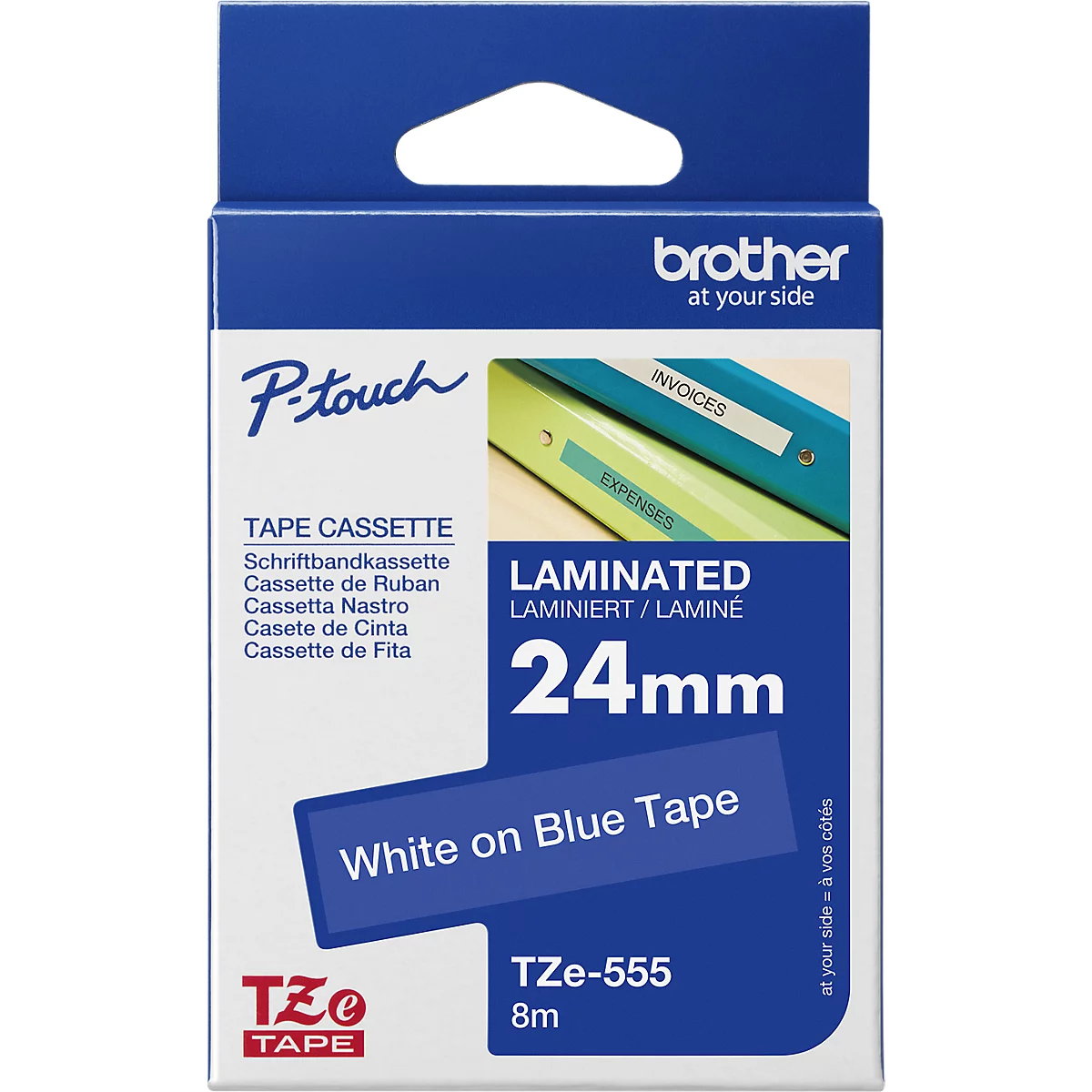 White and blue Brother label maker cartridge. Printed: 'TAPE CASSETTE' and 'LAMINATED 24mm WHITE ON BLUE TAPE'.