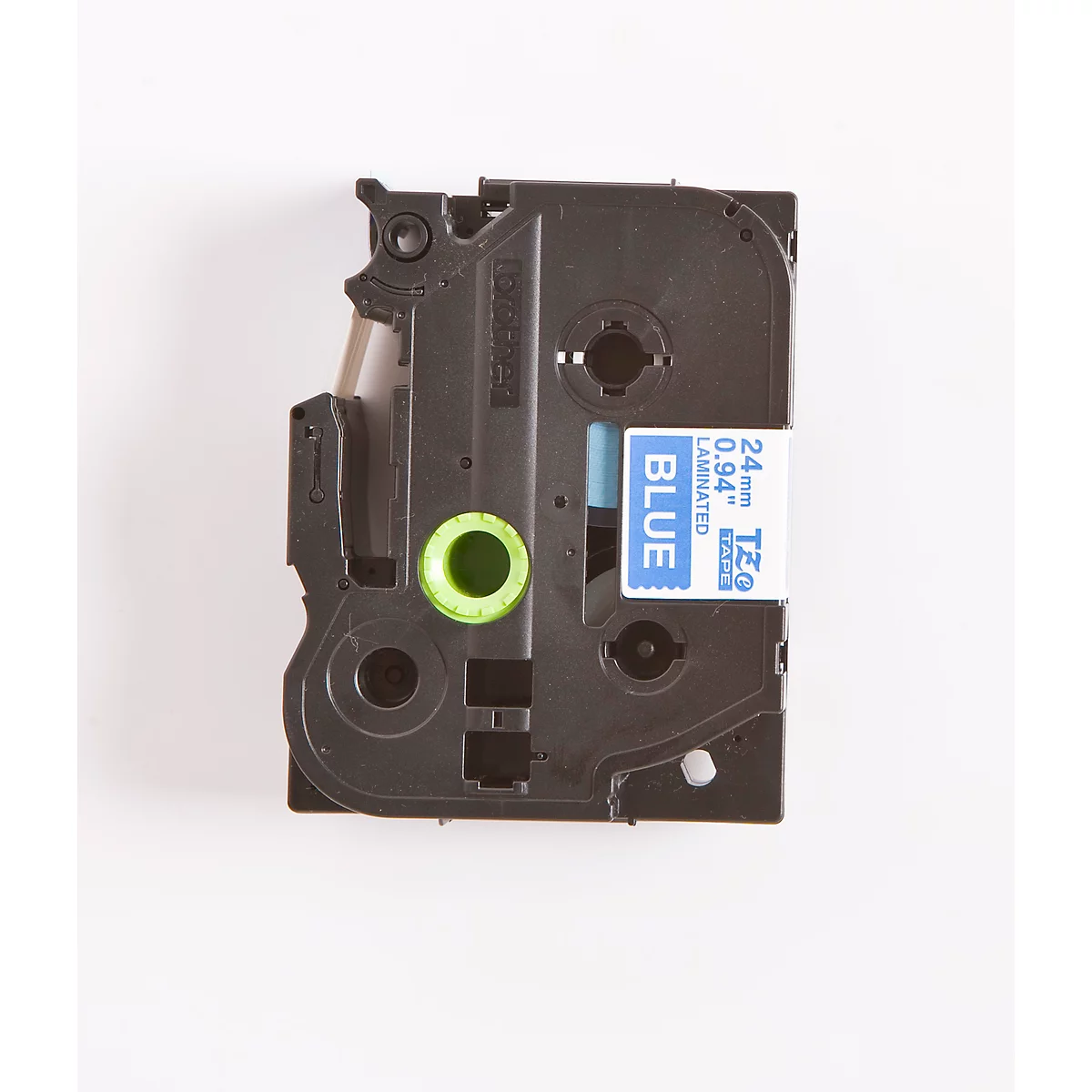 Black label tape cassette with blue label, saying BLUE and technical data. On light background.