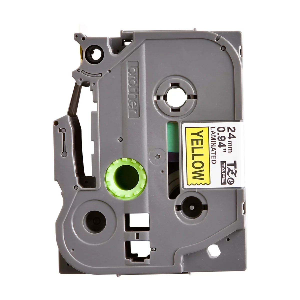 Close-up of a gray Brother label cassette with yellow text. Yellow text reads: YELLOW, 24 mm, 0.94".